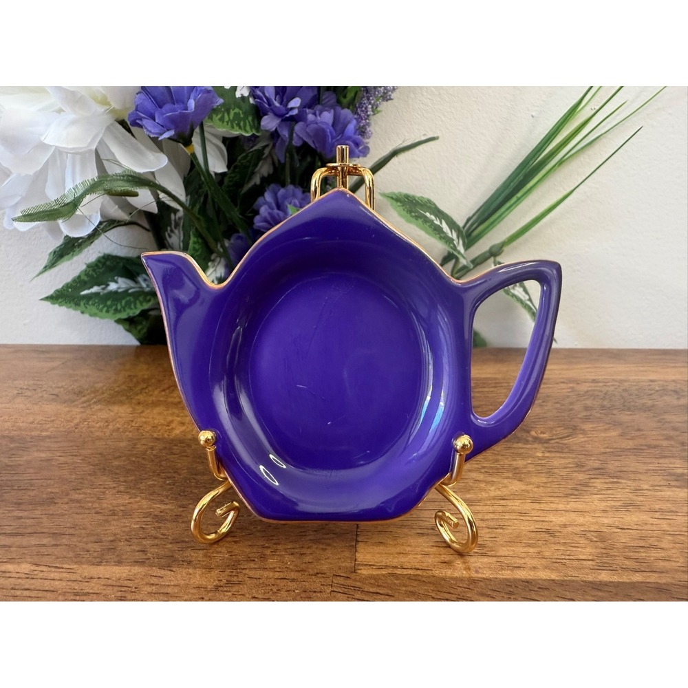 Satin Shelley Gracie Bone China‎ Teapot Teabag Holder Cobalt Blue Gold Trim